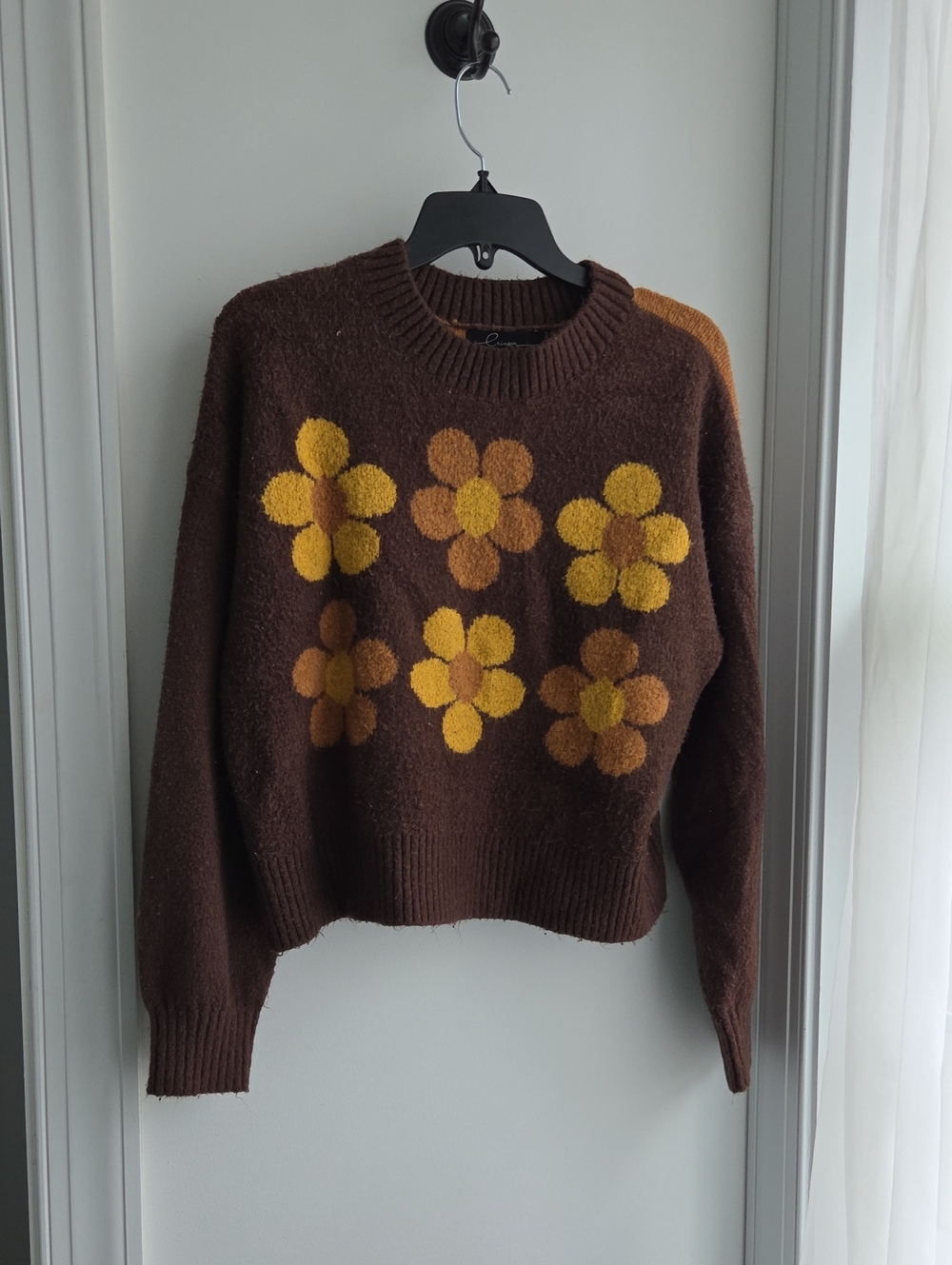 Brown Floral Crewneck Sweater with Yellow Accents